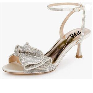 FYS Beige Cute Rhinestones Bow Peep Toe Mid Heel Ankle Strap Satin Dress Sandals